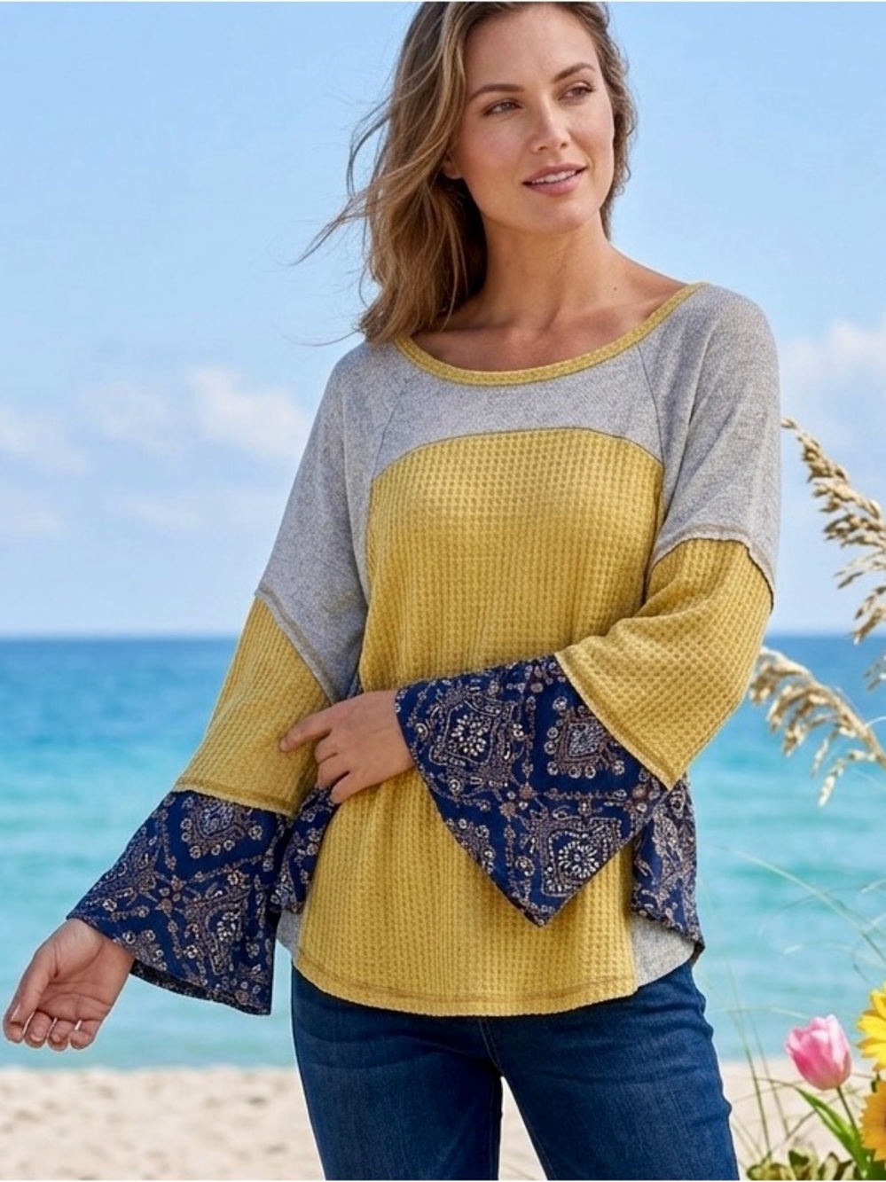 HUMMINGBIRD Yellow and Gray waffle lightweight Knit top
